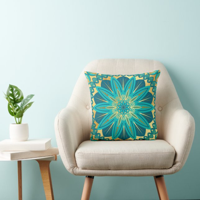 Blue Gold Flower Mandala Throw Pillow (Chair)