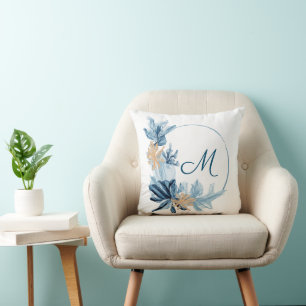 Blue Gold Flower Monogram Pillow