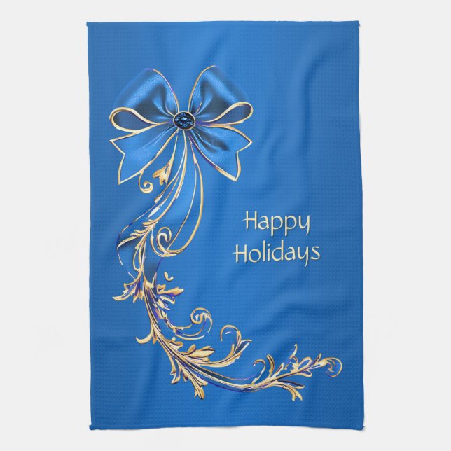 Blue Gold Flower Serviette de cuisine de vacances (Vertical)