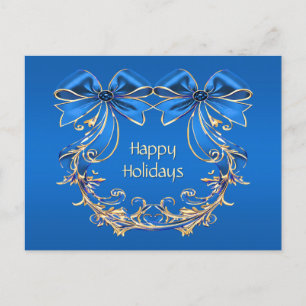 Blue Gold Flowers Holiday Christmas Postcard