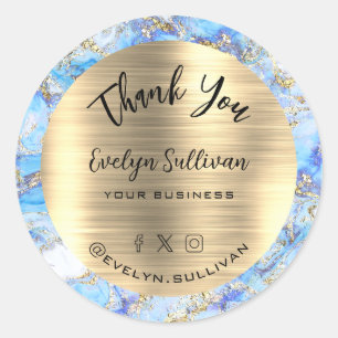 Blue Gold Fluid Marble Thank You  Classic Round Sticker