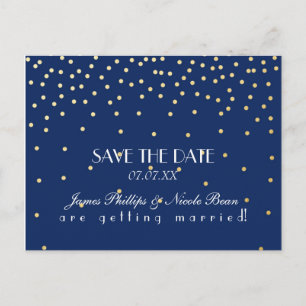 Blue & Gold Foil Dots Save The Date Postcard