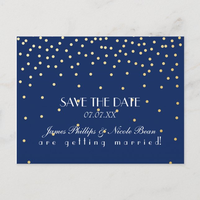 Blue & Gold Foil Dots Save The Date Postcard (Front)