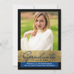 Blue Gold Foil Effect Photo Graduation Invitation
