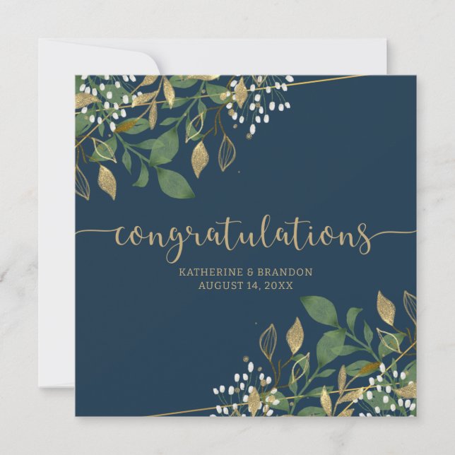 Blue & Gold Foil Glitter Wedding Congrats Photo Card (Front)