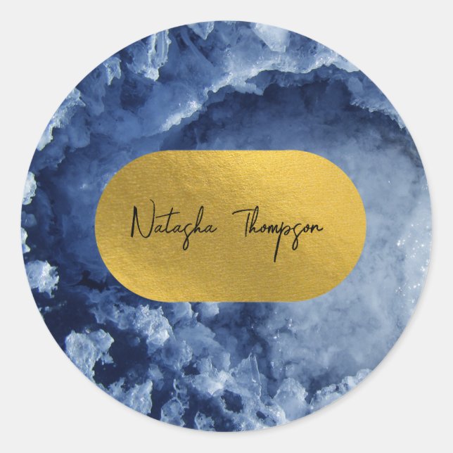 Blue Gold Foil Sea Crystals Signature  Classic Round Sticker (Front)