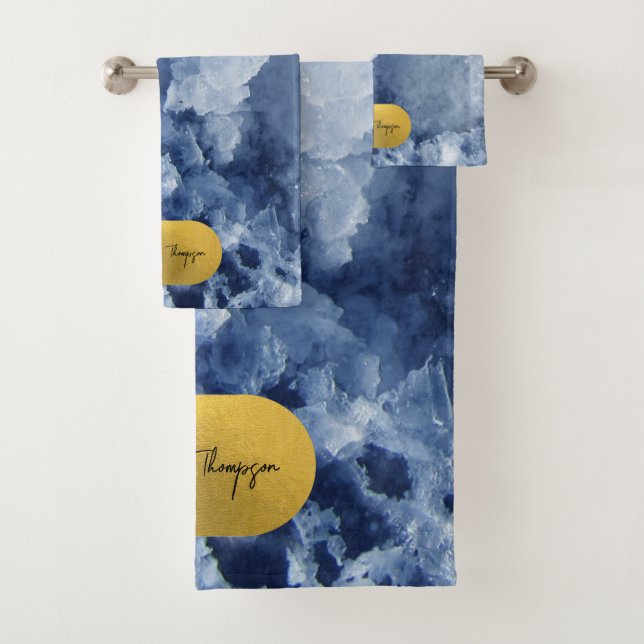 Blue Gold Foil Sea Crystals Signature Script  Bath Towel Set (Insitu)