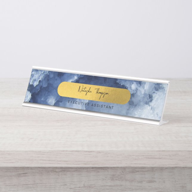 Blue Gold Foil Sea Crystals Signature Script  Desk Name Plate (Front)