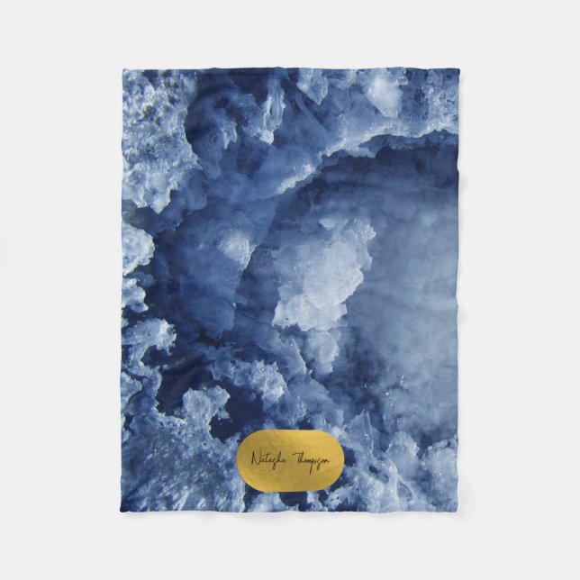 Blue Gold Foil Sea Crystals Signature Script  Fleece Blanket (Front)