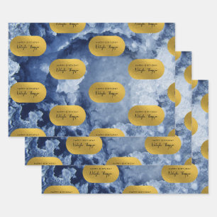 Blue Gold Foil Sea Crystals Signature Script Wrapping Paper Sheet
