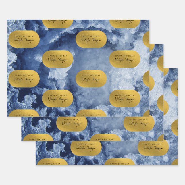 Blue Gold Foil Sea Crystals Signature Script Wrapping Paper Sheet (Set)