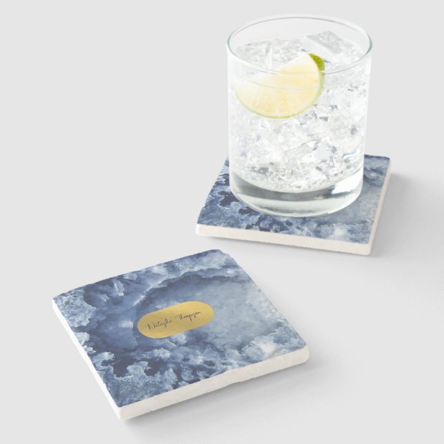 Blue Gold Foil Sea Crystals Signature  Stone Coaster (Side)