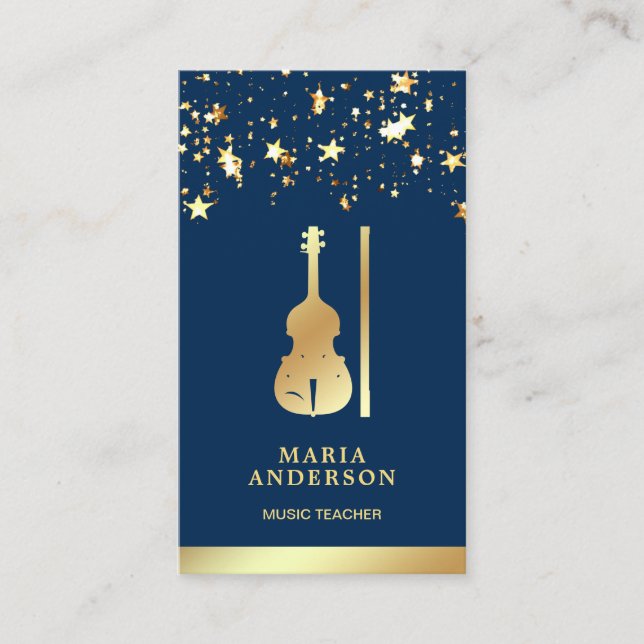 Blue Gold Foil Violin Music Teacher Violinist Business Card (Front)
