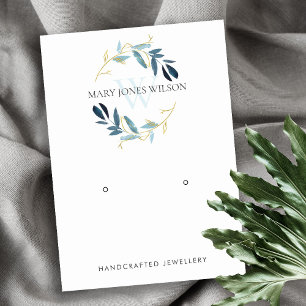 BLUE GOLD FOLIAGE MONOGRAM EARRING DISPLAY LOGO BUSINESS CARD
