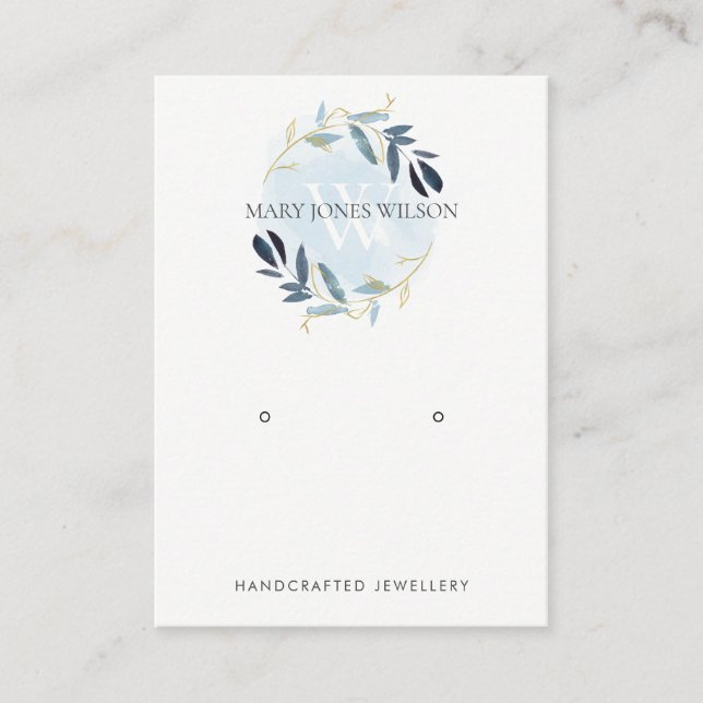 BLUE GOLD FOLIAGE MONOGRAM EARRING DISPLAY LOGO BUSINESS CARD (Front)