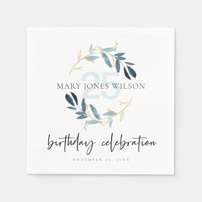 BLUE GOLD FOLIAGE WREATH ANY AGE 25TH  BIRTHDAY NAPKIN (Front)