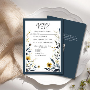 Blue Gold Formal Elegant Floral Wedding RSVP Card