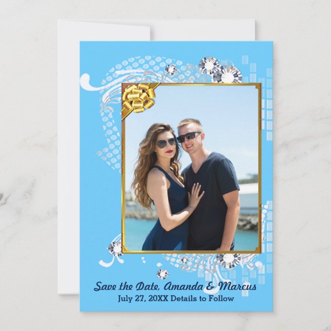 Blue & Gold Frame & Diamonds Image Save the Date (Front)