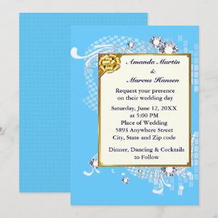 Blue & Gold Frame & Diamonds Image Wedding Invite