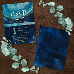 Blue Gold Galaxy Agate Wedding RSVP Foil Invitation Postcard