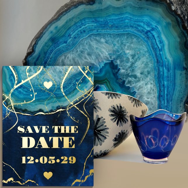 Blue Gold Galaxy Agate Wedding  SAVE THE DATE Foil Invitation Postcard (Creator Uploaded)