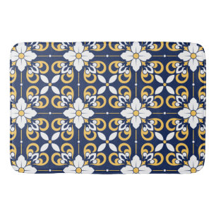 Blue gold geometric decorative Moroccan tile  Bath Mat