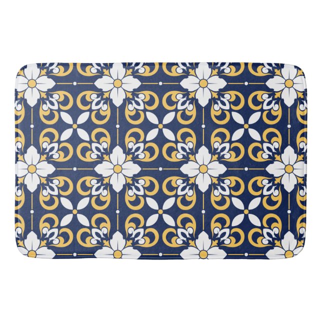 Blue gold geometric decorative Moroccan tile  Bath Mat (Front)