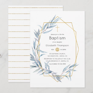Blue & Gold Geometric Eucalyptus Leaf Baptism Invitation