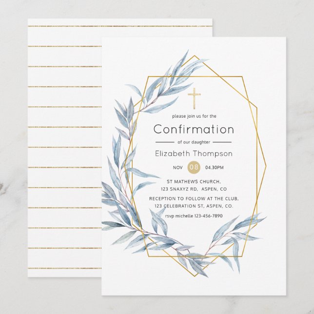 Blue & Gold Geometric Eucalyptus Leaf Confirmation Invitation (Front/Back)