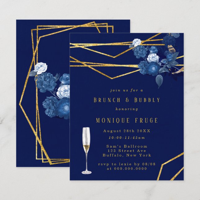 Blue & Gold Geometric Floral Brunch & Bubbly Invitation (Front/Back)