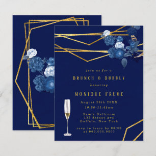 Blue & Gold Geometric Floral Brunch & Bubbly Invitation