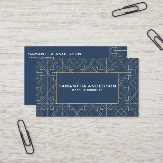 Blue + Gold Geometric Seamless Pattern | Standard Business Card (Front/Back In Situ)