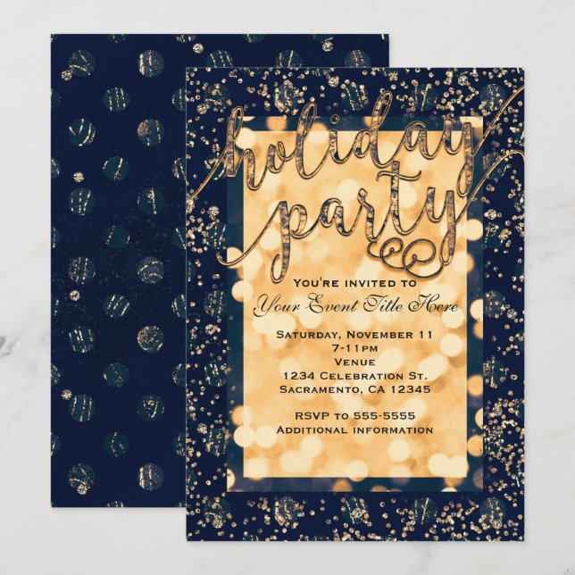 Blue & Gold Glam Dots Holiday Party Invitations (Front/Back)