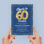 Blue Gold Glitter 60th Birthday Party Invitation<br><div class="desc">Elegant sixtieth birthday party invitation featuring a trendy blue background that can be changed to any colour,  gold sparkly glitter,  sixty gold hellium balloons,  and a modern 60th birthday celebration text template that is easy to personalize.</div>