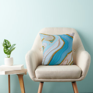Blue gold glitter abstract throw pillow
