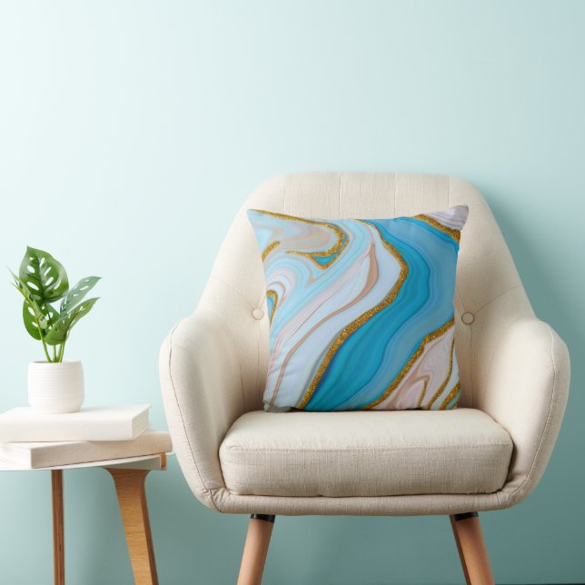 Blue gold glitter abstract throw pillow (Chair)