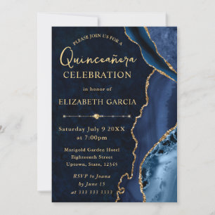 Blue & Gold Glitter Agate and marble Quinceanera Invitation
