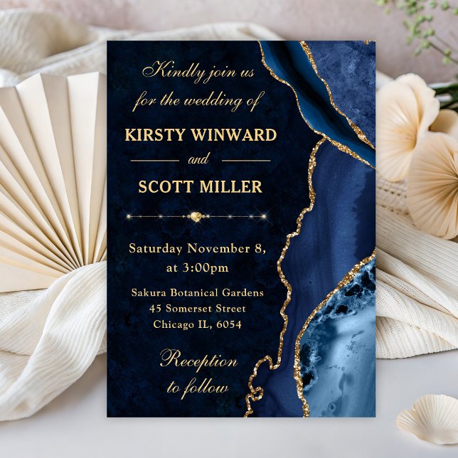 Blue & Gold Glitter Agate and marble Wedding Invitation (Creator Uploaded)