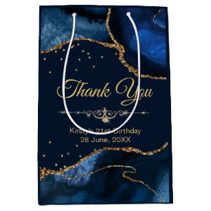 Blue & Gold Glitter Agate Birthday Thank You Medium Gift Bag