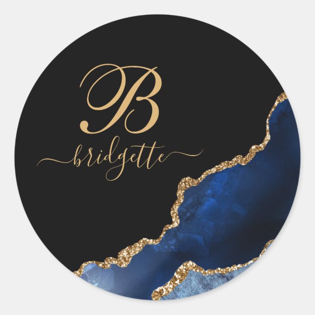 Blue Gold Glitter Agate Geode Monogram Classic Round Sticker (Front)