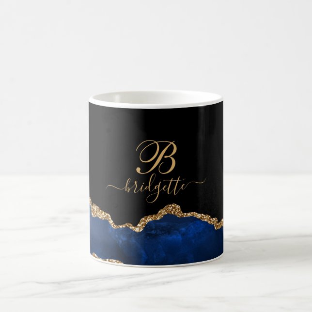  Blue Gold Glitter Agate Geode Monogram  Coffee Mug (Center)