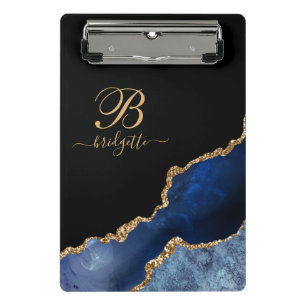 Blue Gold Glitter Agate Geode Monogram Mini Clipboard
