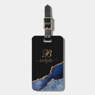 Blue Gold Glitter Agate Geode Monogram Notebook Luggage Tag