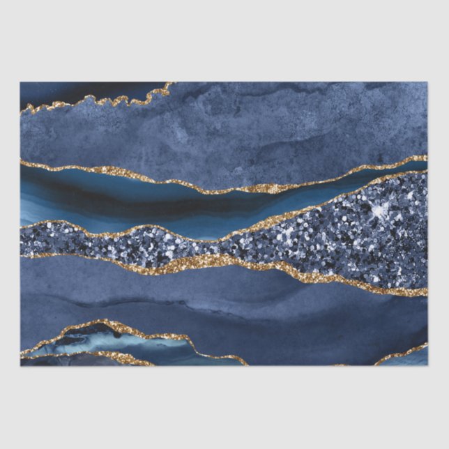 Blue Gold Glitter Agate Marble Trendy Decoupage Tissue Paper (Front)