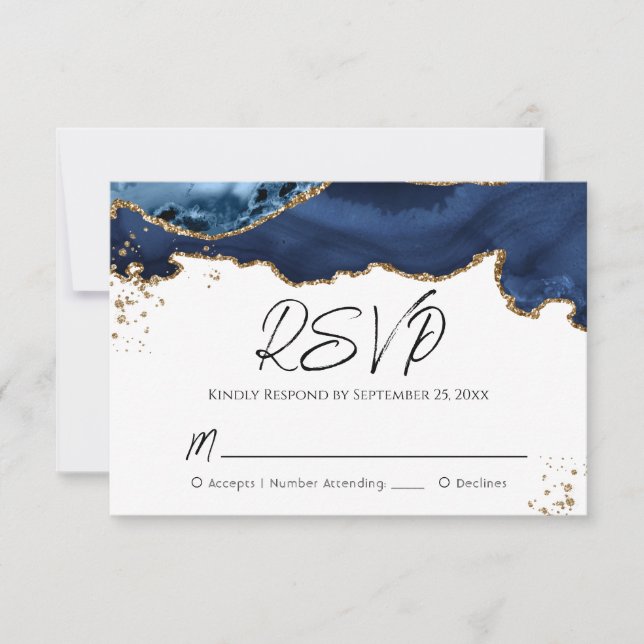 Blue Gold Glitter Agate Stone Wedding RSVP Card (Front)