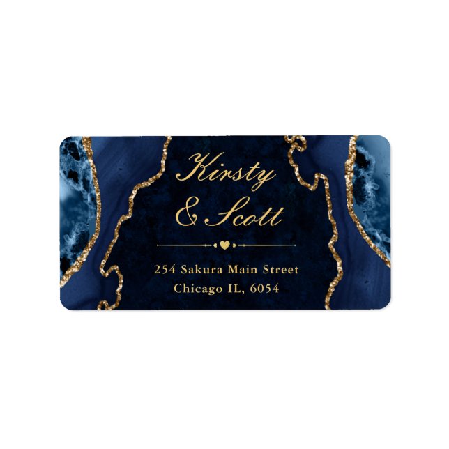 Blue & Gold Glitter Agate Wedding address label (Front)