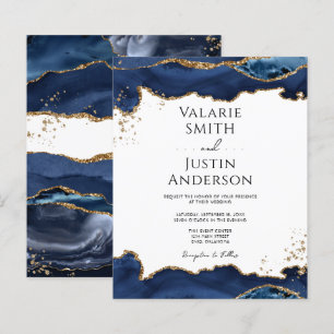 Blue Gold Glitter Agate Wedding Invitation