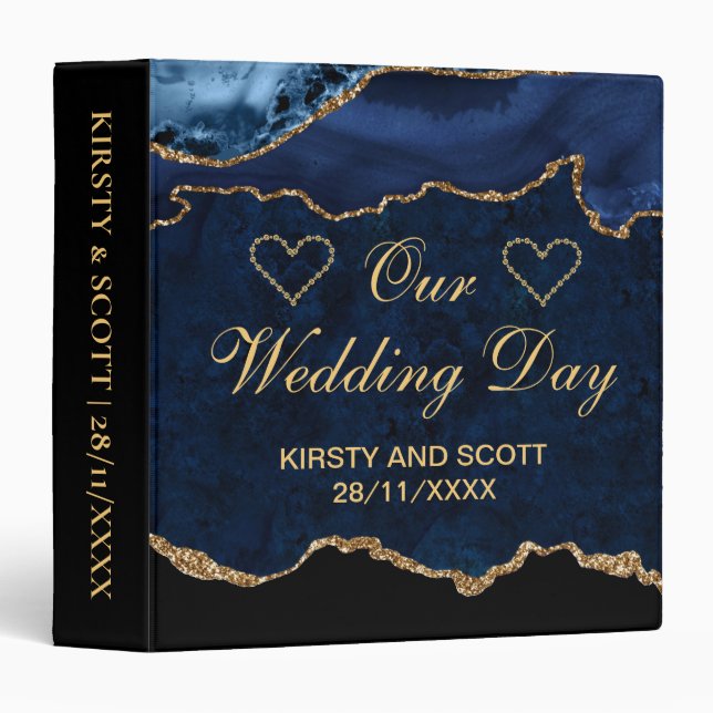 Blue & Gold Glitter Agate Wedding Photo Album Binder (Front/Spine)