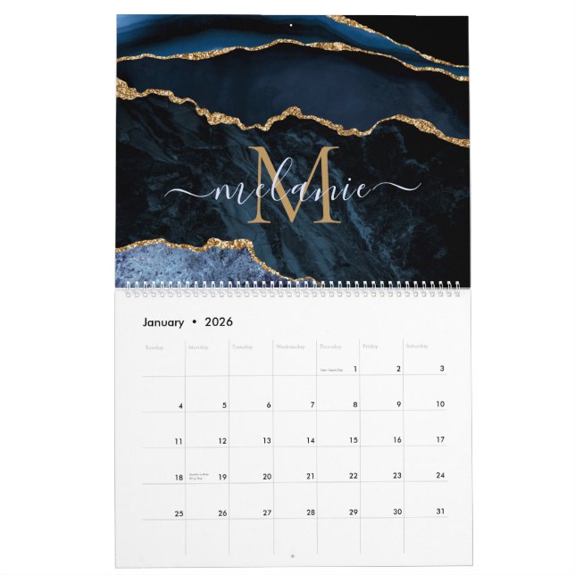 Blue Gold Glitter Calendar Custom Name and Letter (Jan 2026)