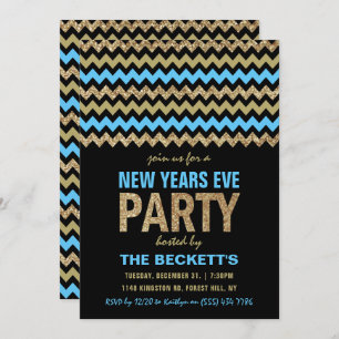 Blue & Gold Glitter Chevron New Years Party Invitation